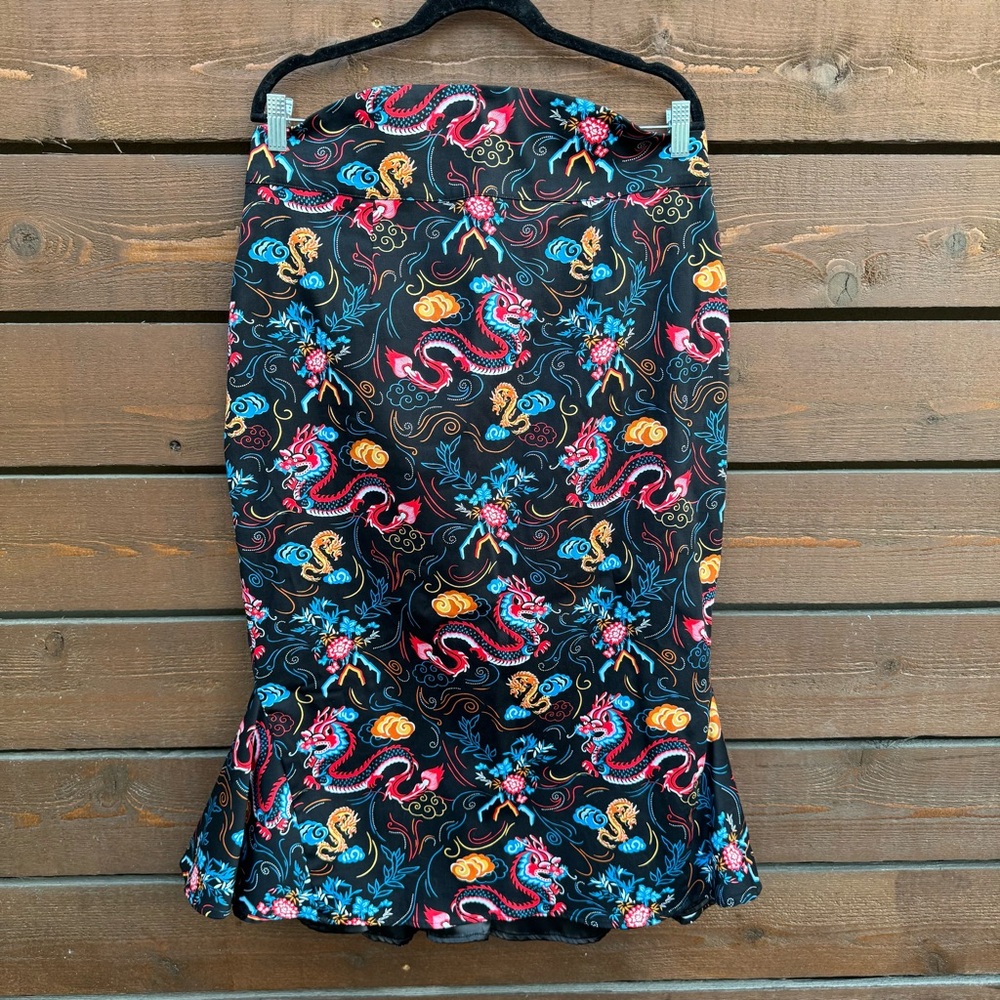 NWT Pinup Couture Retro Dragon Print Fishtail Trumpet Pencil Wiggle Skirt Sz 2X